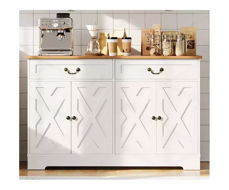 57 Inch Farmhouse Buffet Cabinet with Storage, with 4 Doors & 2 Drawers, Adjustable Shelves Coffee Cabinet, Multi-Functional Storage for Dining Room