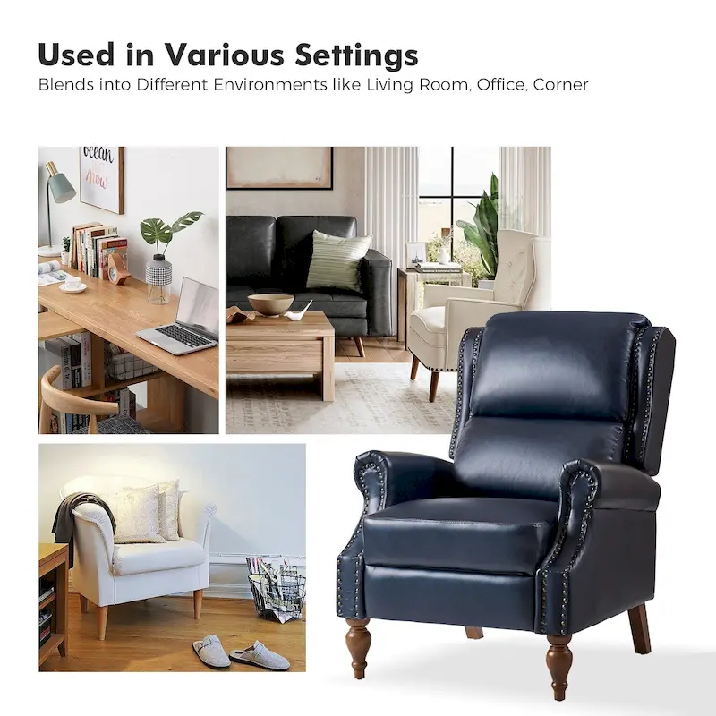 Traditional Vegan Leather Manual Push-Back Recliner, Padded Armrests, Solid Wood Legs, Living Room