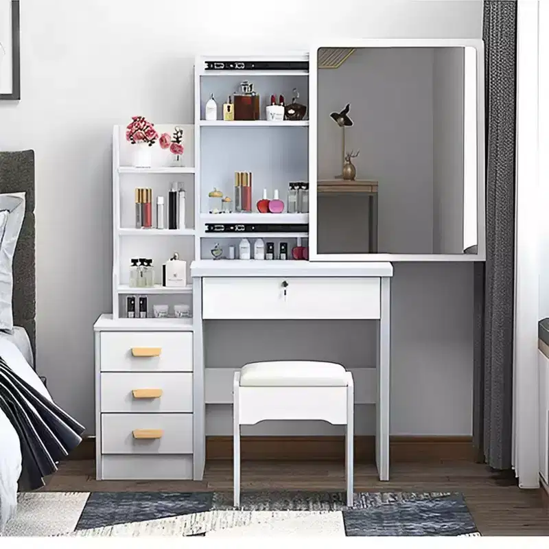 Furniliving Vanity Desk with Mirror & Makeup Stool, Table Set with 3 Color Lighting Brightness Adjustable, 4 Drawers