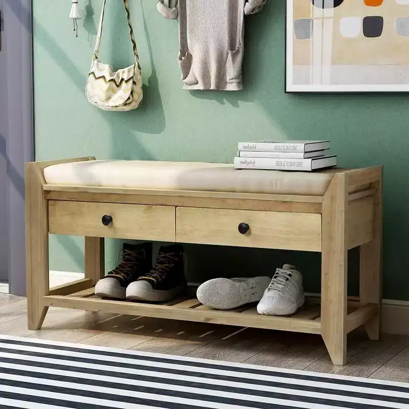 Acekool 35.4 Farmhouse Storage Bench with Cushion, 2-Tier Entryway Bench with Shelf & 2 Drawers for Bedroom, Hallway, Living Room, Gray Wash