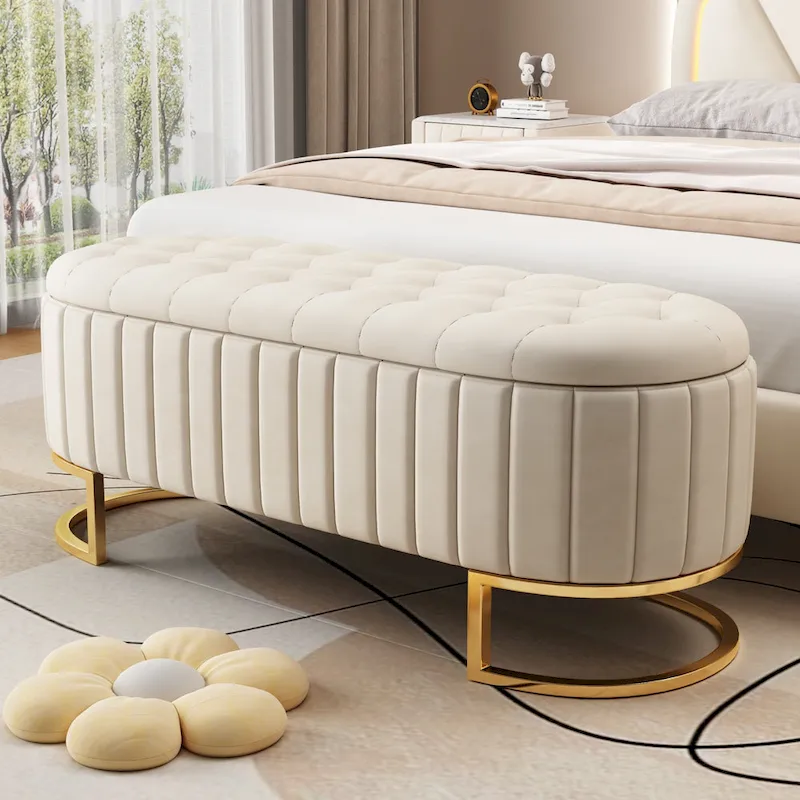 Elegant Velvet Storage Ottoman with Button-Tufted Design, Upholstered Bench with Metal Legs for Bedroom