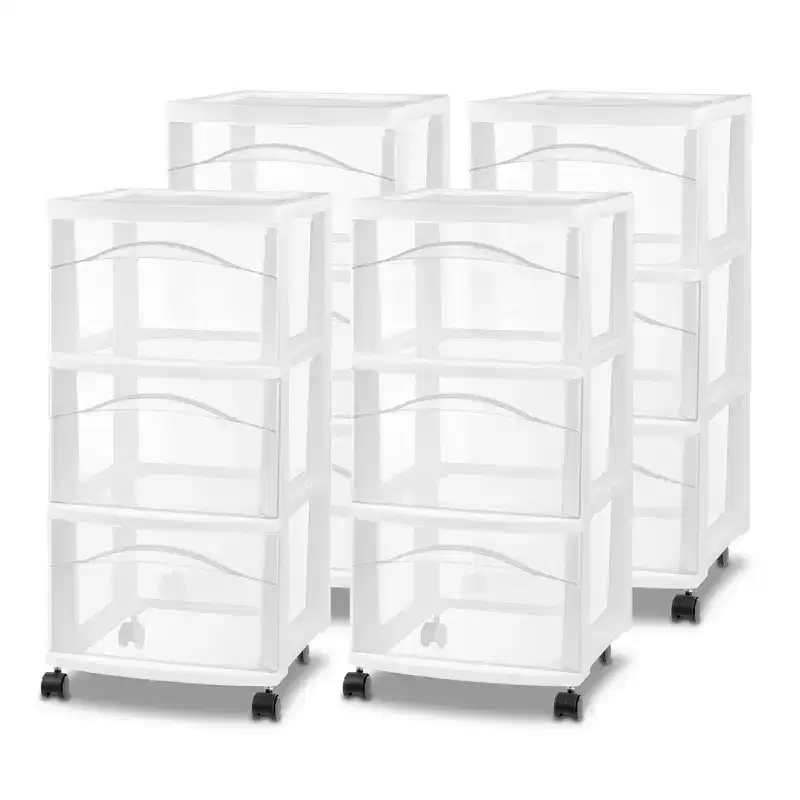 Sterilite 3 Drawer Storage Cart, Plastic Rolling Medium Organizer, White, 4 Pack