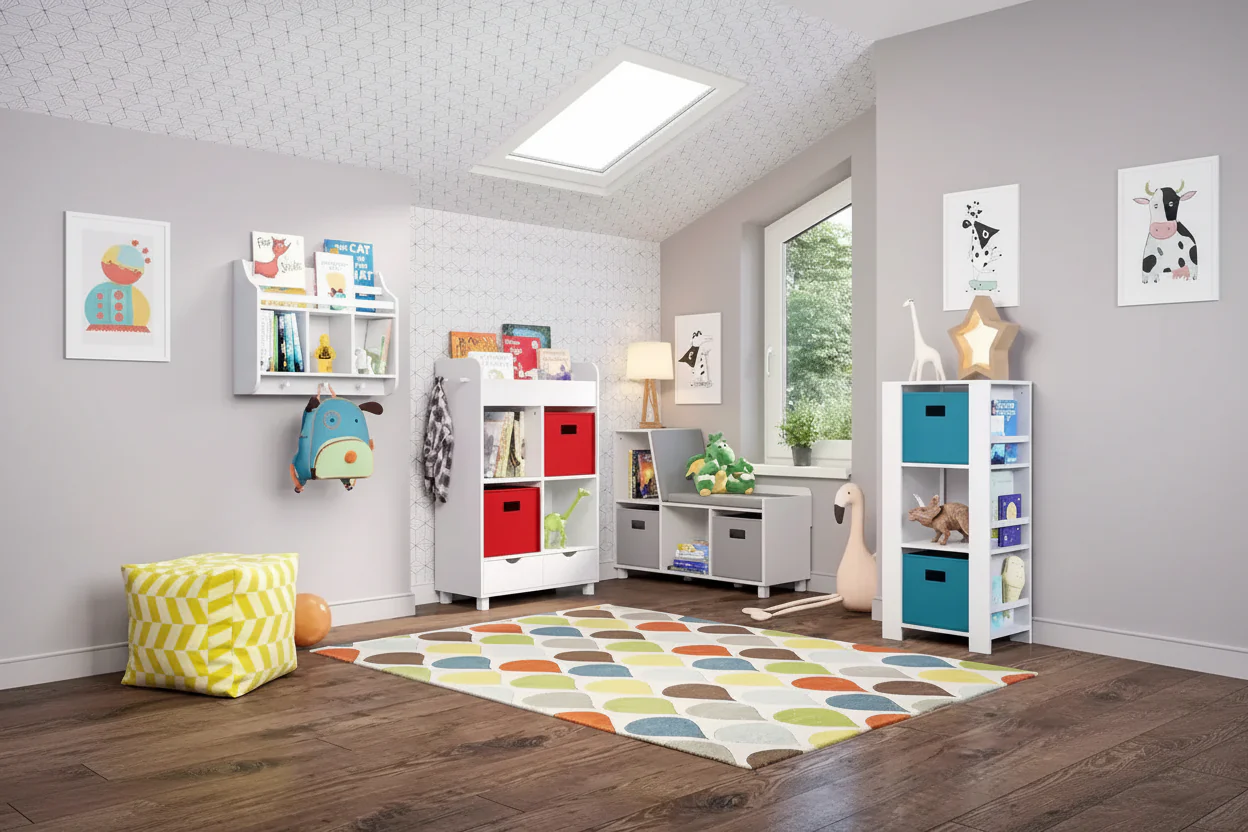 Kids' Bookshelf and Toy Organizer Tower with 3 Cubbies and 6 Bookracks White with 2 Fabric Bins
