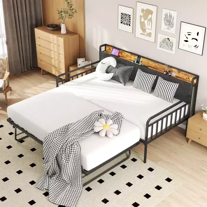 Twin Daybed with Pop-Up Trundle, LED Headboard for Guest Rooms