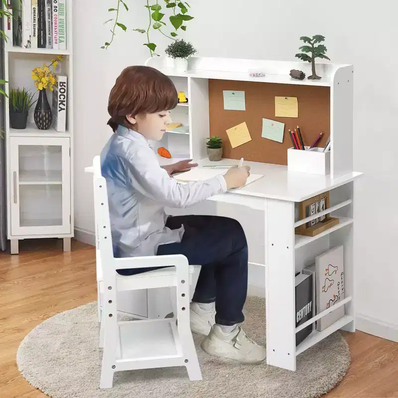 Kids Desk and Chair Set, Wooden Study Table with Hutch and Storage Shelf, Bulletin Board, Children School Learning Desk Set, for Kids, White