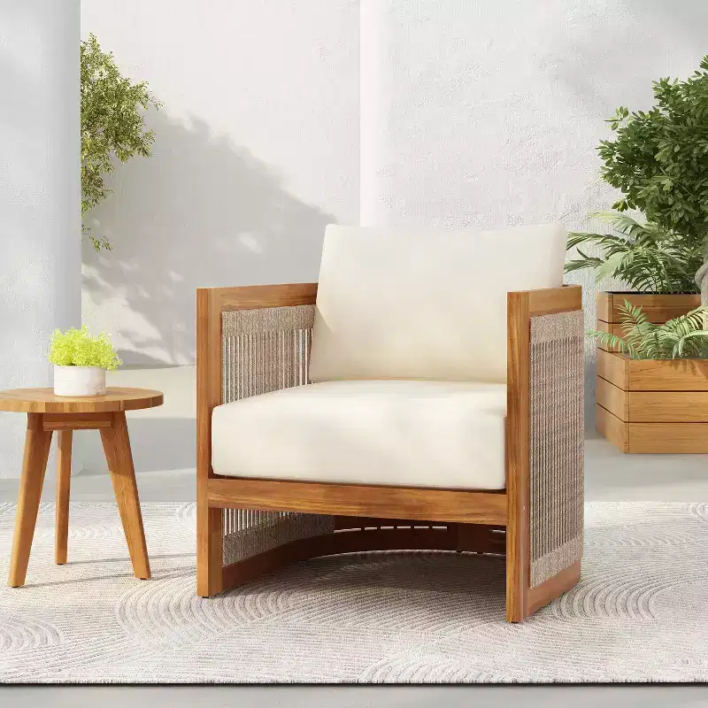 Christopher Knight Home Atoka Outdoor Rustic Acacia Wood and Rope Club Chair with Water-Resistant Cushion
