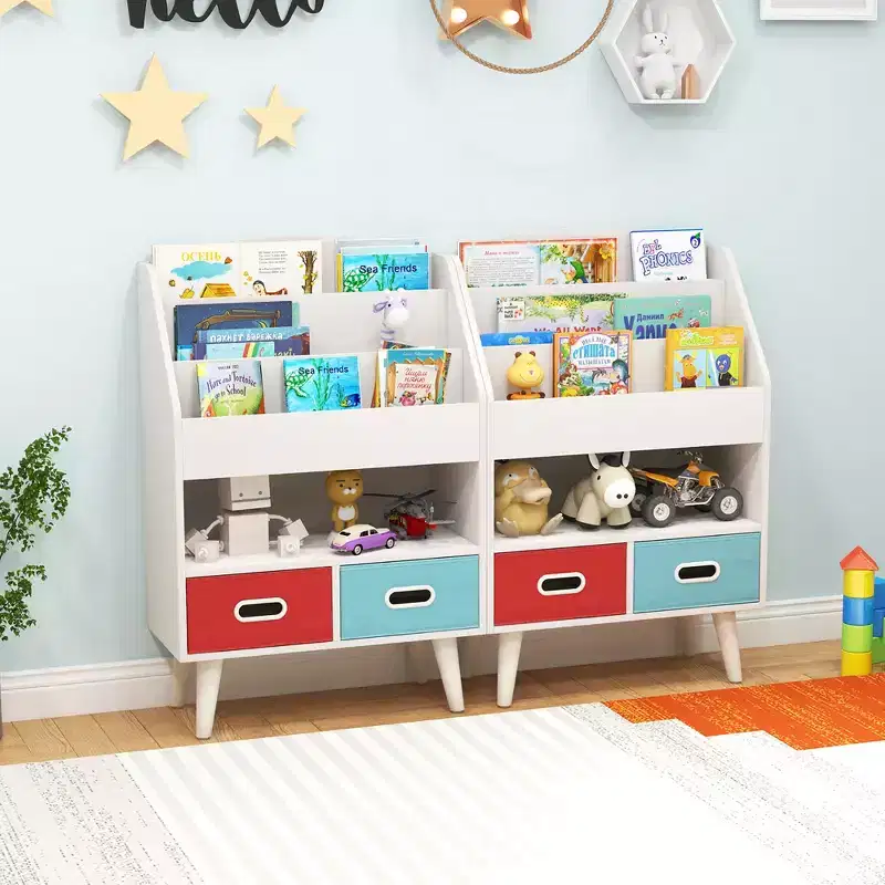 Costway Kids Bookshelf w/3-Tier Bookshelves Open Compartment & 2 Foldable Fabric Drawers