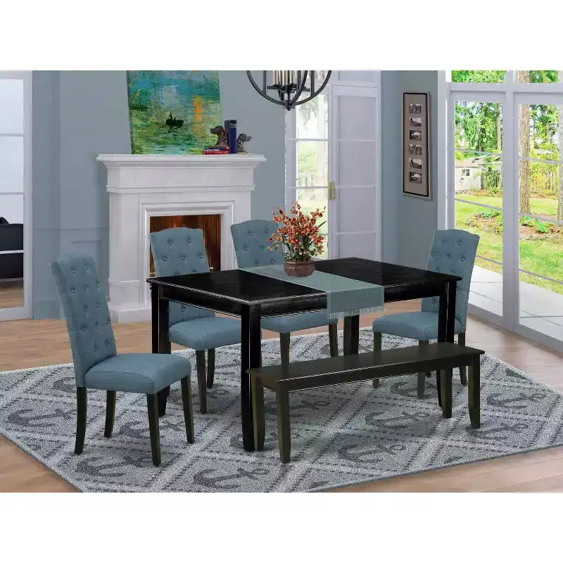 HomeStock 6-Piece Rectangle Black Finish Solid Wood Top Dining Table with 1 Bench, 4 Chairs