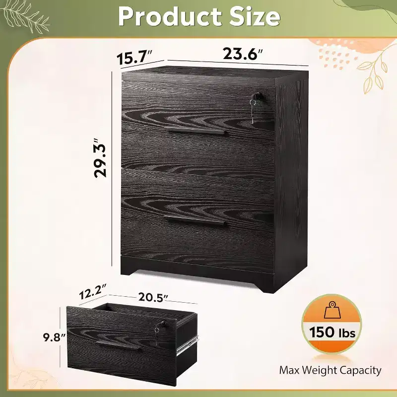 DEXYLLO 2-Drawer Wood Lateral File Cabinet with Lock, Filing Cabinet for Office & Home, Printer Stand with Anti-Tilt Mechanism