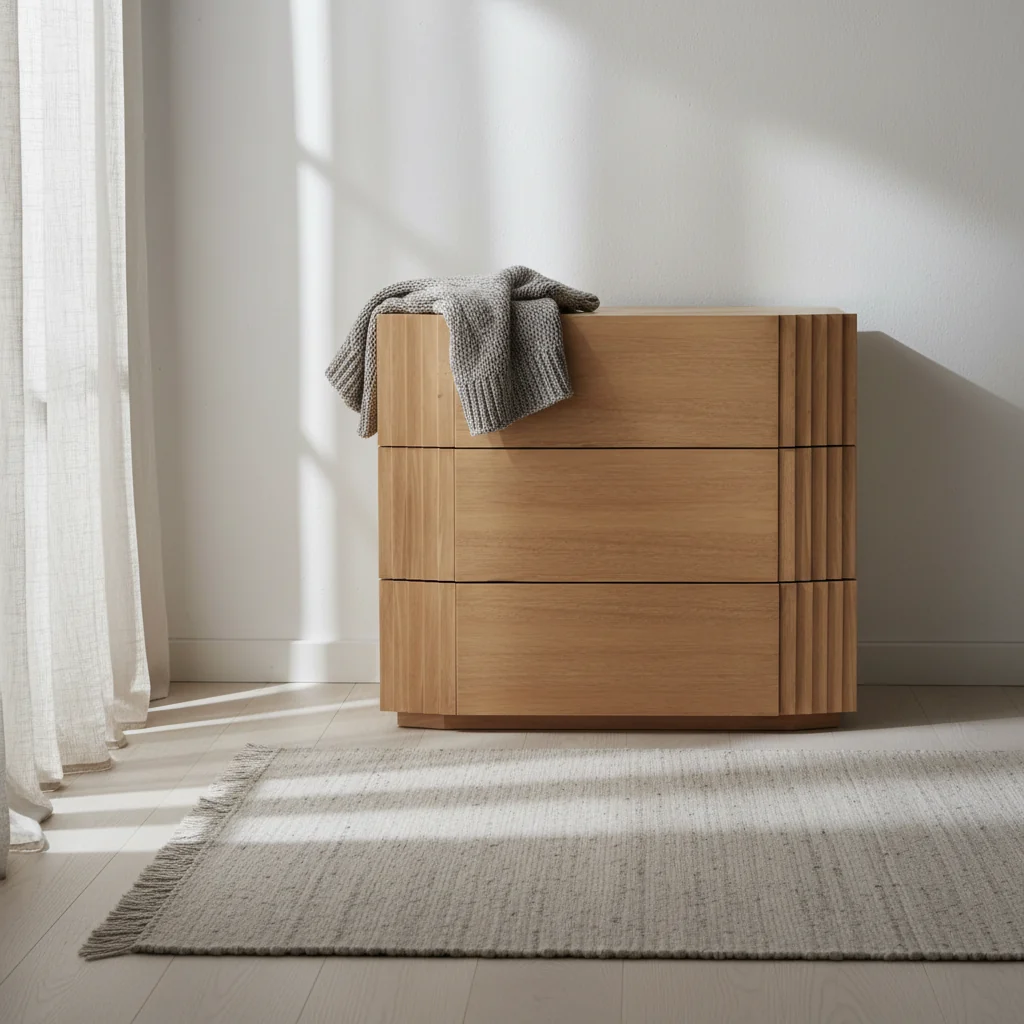 Minimalist Rubberwood & Oak Veneer Nightstand with Single Drawer & Tapered Legs for Bedroom