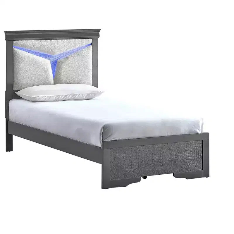Passion Furniture Lorana Gunmetal Gray Wood Frame Twin Platform Bed with LED Lighted Headboard