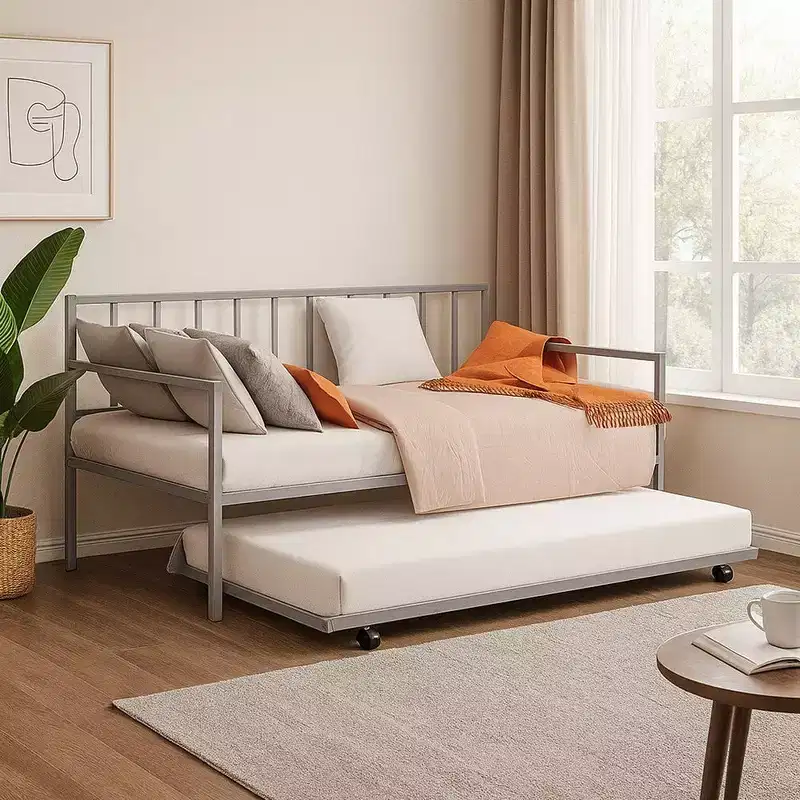 Daybed with Pull Out Trundle, Silver Slatted Open Metal Frame