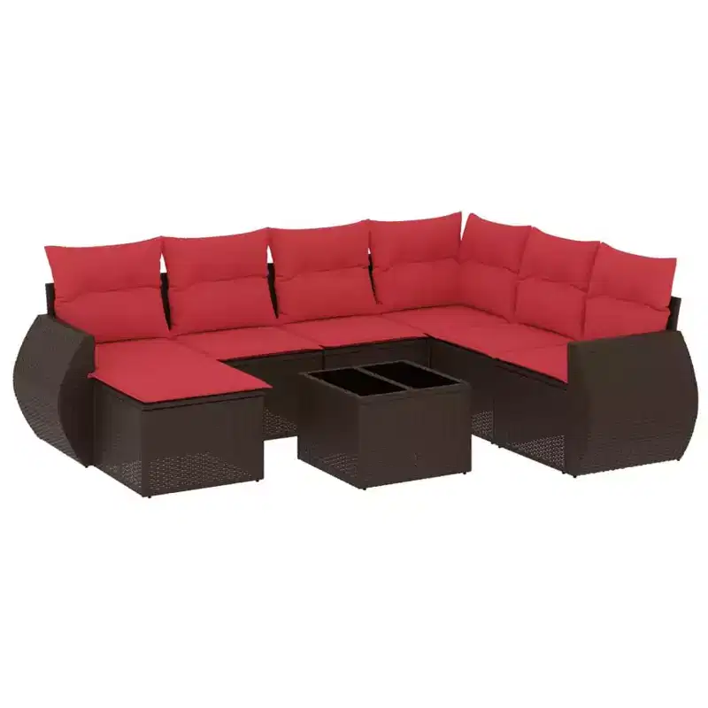 vidaXL 8 Piece Garden Sofa Set with Cushions Brown Poly Rattan - Brown and Red With Table