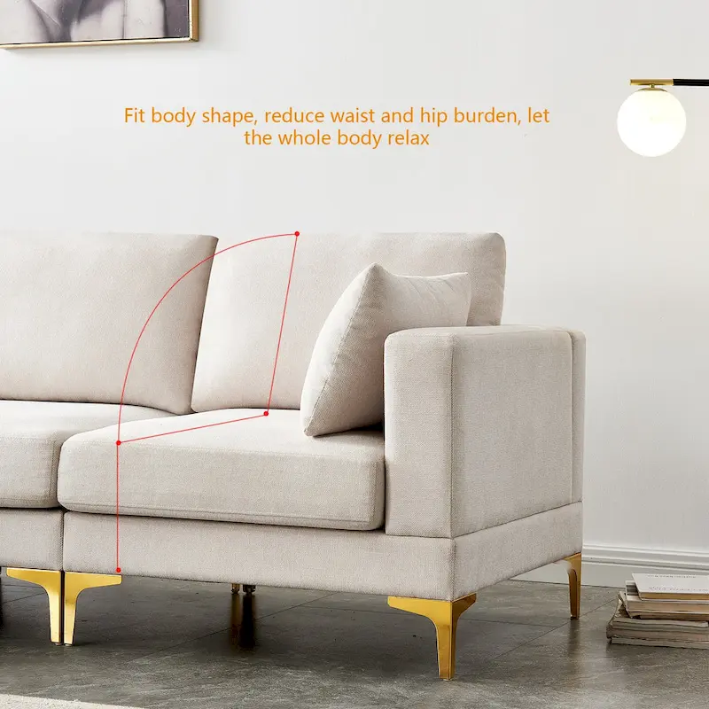 Christopher Knight Home - Beige L-Shape Sectional Sofa with Gold Metal Legs and Ottoman