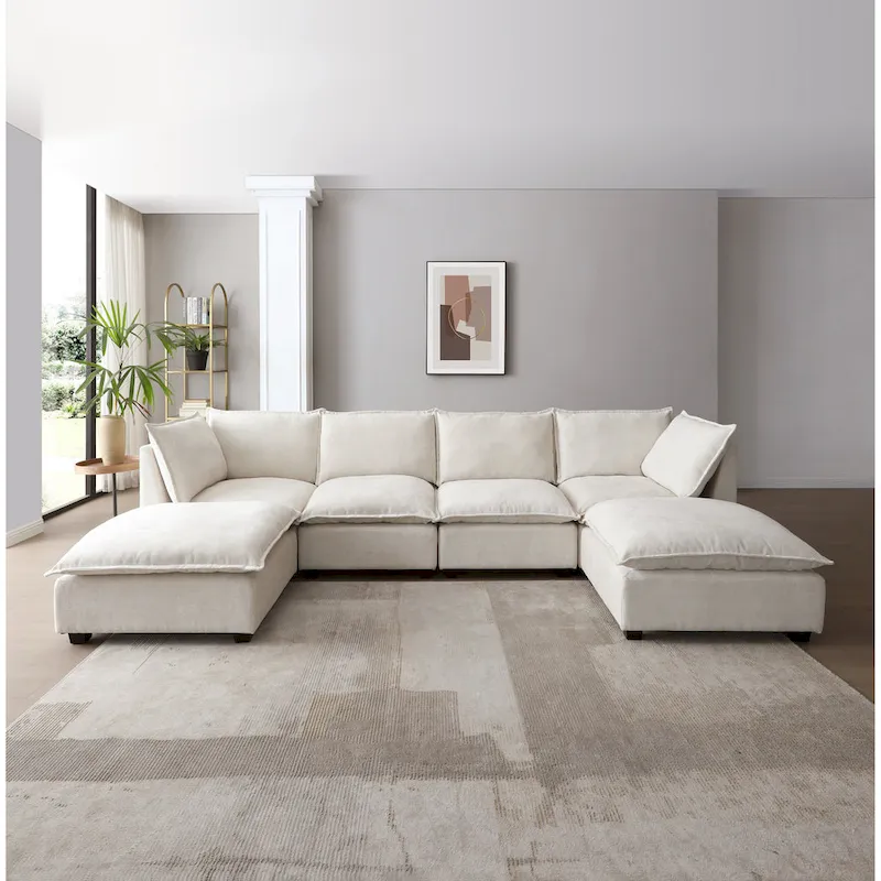 Beige U-Shaped 6-Seat Modular Sectional Sofa with Ottoman