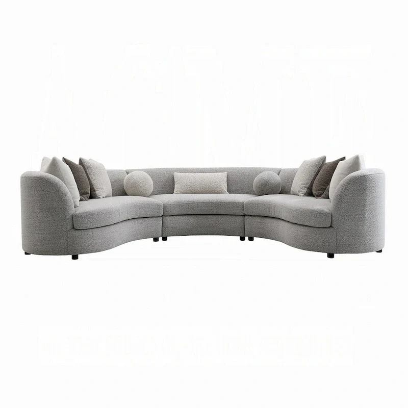 3pc Sectional Sofa, 9 Pillows, Curved Frame, Gray Boucle Fabric