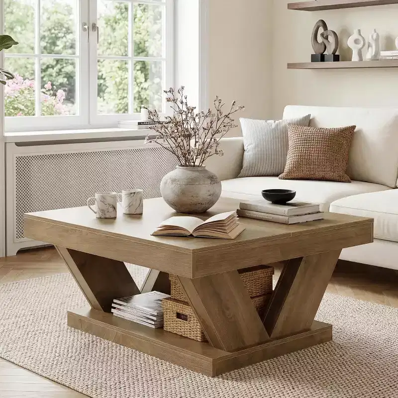 Farmhouse Coffee Table with Large Storage Shelf, 2-Tier Rustic Wood Center Table for Living Room & Home Office, Rustic Brown