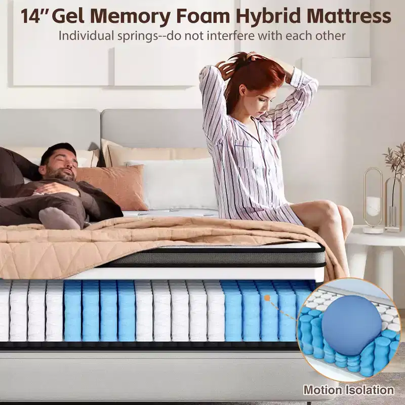14 Queen Mattress in a Box,Hybrid Memory Foam Queen Size Mattress,Medium Firm Feel,Cooling & Breathable Fabric,Motion Isolation,Zoned Pressure Relief