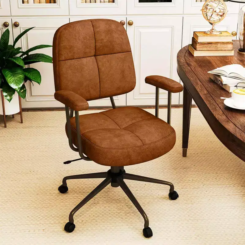 Costway Home Office Chair Leathaire Upholstered Task Chair with Cushioned Back & Armrests Brown/Beige