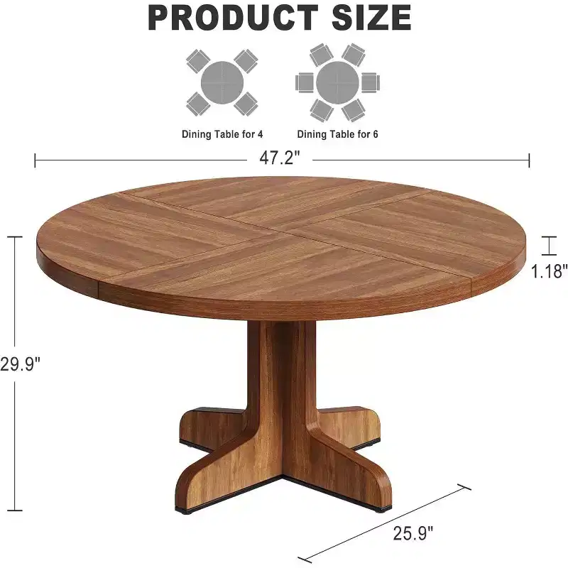 Round Dining Table for 4, 47 Inches Dining Room Table with Wooden Base, Circle Kitchen Dinner Table for Dining Room, Kitchen, Living Room (Table Only)