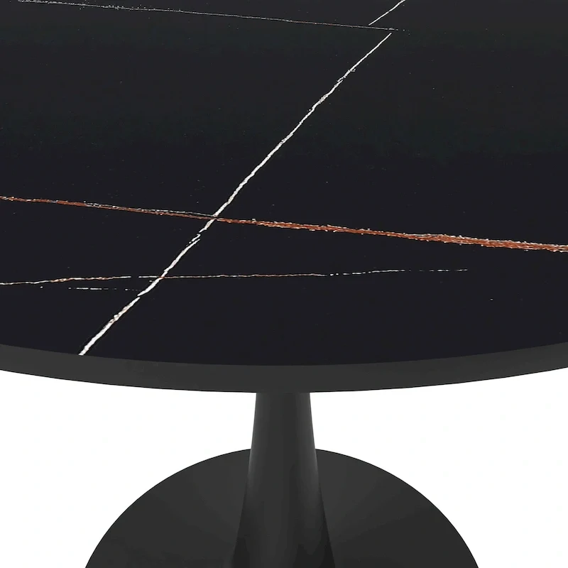 35in Round Dining Table with Sintered Stone Tabletop, Black Steel Pedestal Base, Scratch-Resistant