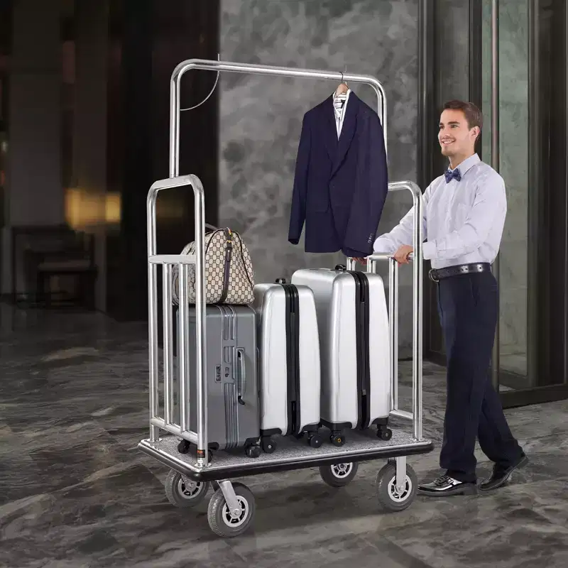 VEVOR Hotel Luggage Cart, 1200 LBS Load Capacity, Brushed Stainless Steel Finish Bellman's Cart, Valet Cart with Grey Carpeted Deck and 8in, Silver