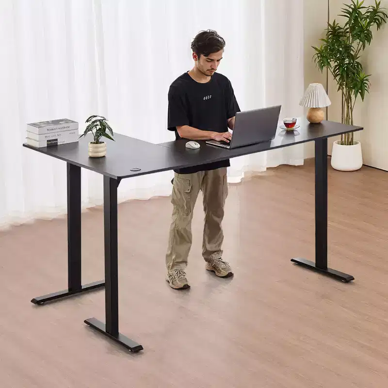 L Shaped Desk, Electric Adjustable Height Corner Gaming Desk with Dual Hooks, Heavy Duty Carbon Steel L-Shaped Computer Table, Black