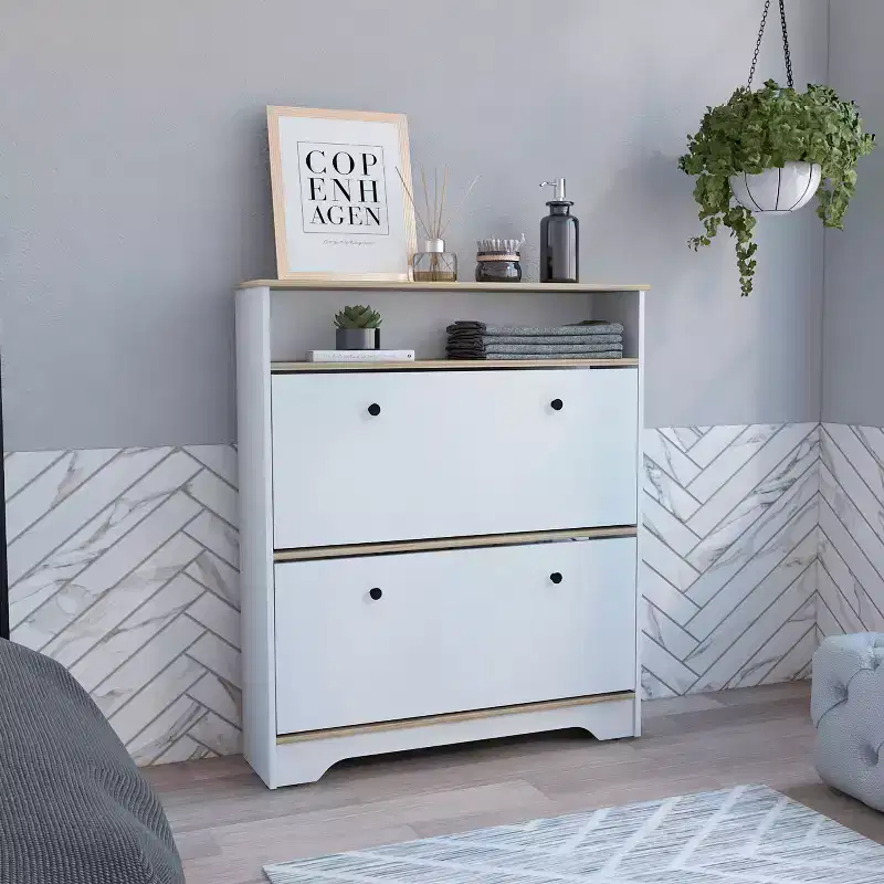 Shoe Rack 46 H, One Open Storage Shelf, Two Internal Storage Drawers, Two Doors, Light Oak / White