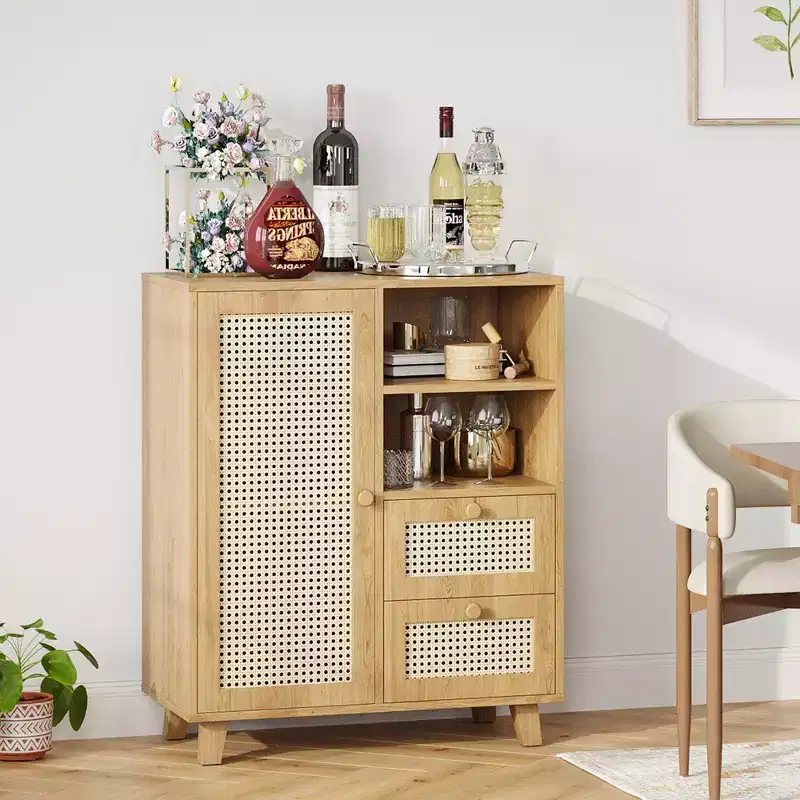 JVNOXK 15-inch rattan sideboard with adjustable shelves and smooth-gliding drawers, suitable for living rooms and kitchens, natural color