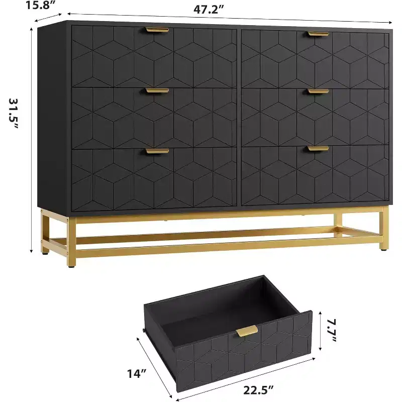 6 Drawer Dresser with Wide Storage, Wood Dresser Chest Organizer with Metal Legs, Modern Dressers & chests of Drawers for Bedroom, Living Room