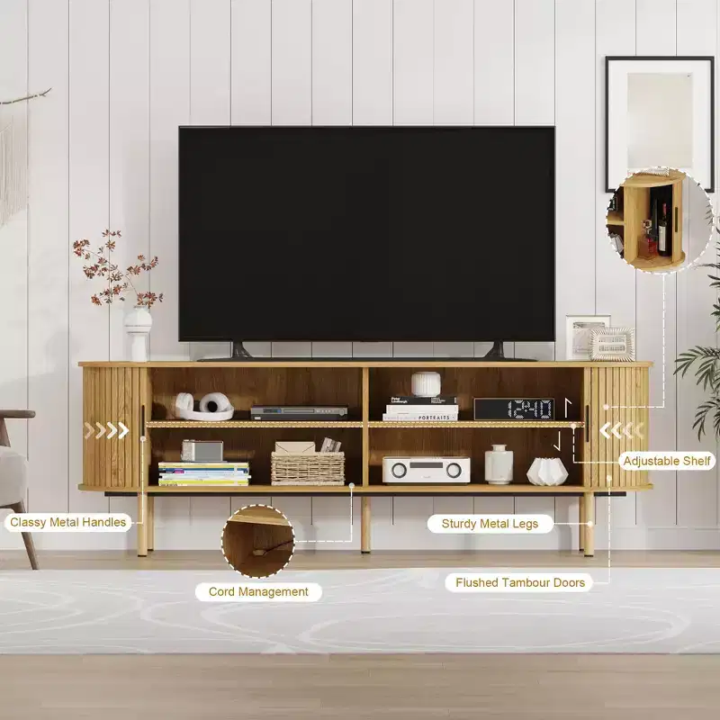 Modern TV Stand for TVs Up to 80, 70'' Fluted Entertainment Center with Storage & Sliding Door, TV Console Table, Sideboard Buffet Cabinet