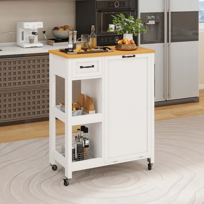 Kitchen Island Cart on Wheels with Trash Can Storage Cabinet