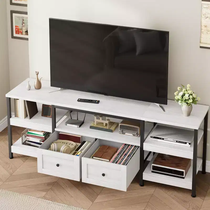 79 Modern-Industrial TV Stand with 2 Fabric Drawers, Entertainment Center for TVs Up to 85, Rustic Brown Media Console with Storage Shelves,White