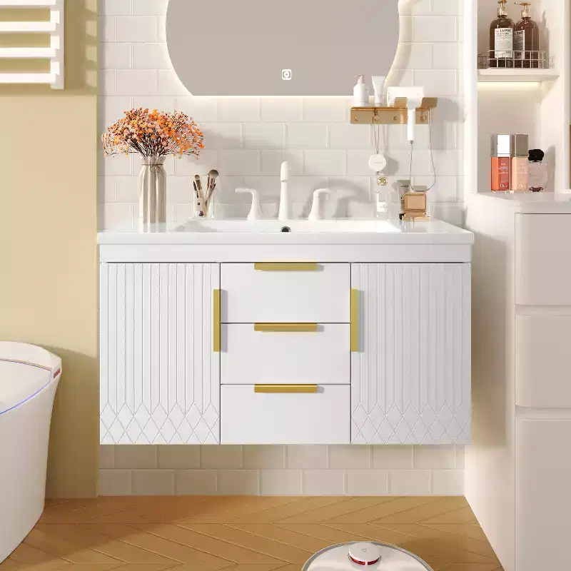 36-Inch Wall-Mounted Bathroom Vanity with 2-Drawer Floating Bathroom Storage Unit, Solid Wood Bathroom Cabinet,White