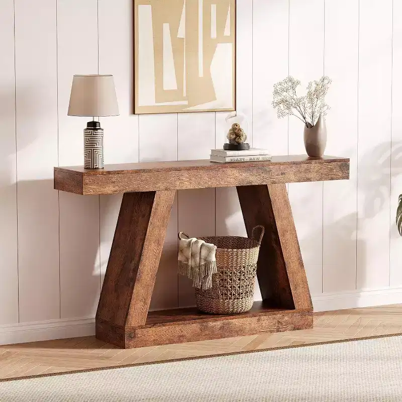Acekool 2-Tier Industrial Entryway Console Table with Open Storage Shelves, Farmhouse Sofa Table for Living Room