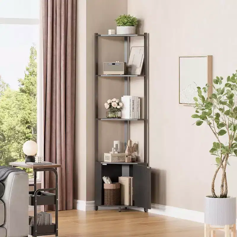 Corner Shelf, Adjustable Brightness, Modern Metal Frame & Wood Display Rack, Space-Saving Organizer for Living Room, Bedroom, Kitchen