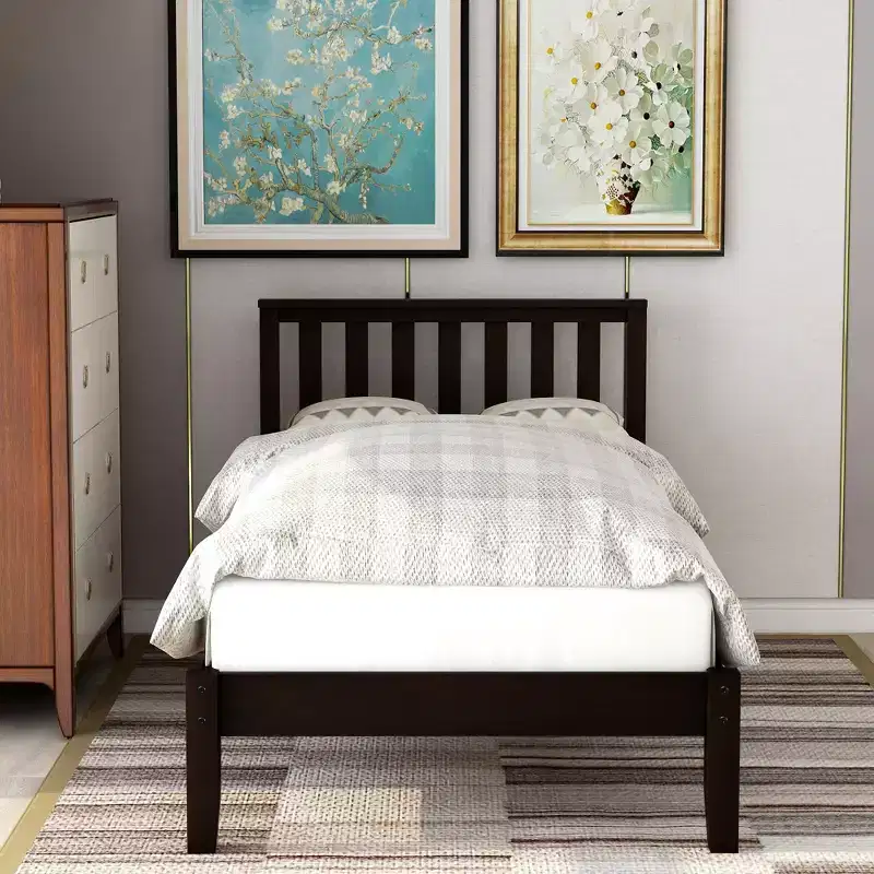 Whisen Minimalistic Twin Size Wood Platform Bed with Headboard/Wood Slat Support