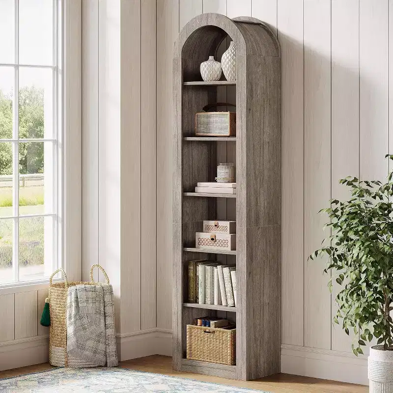 Lantine 74.8-Inch Tall Arched Bookshelf, 6-Tier Narrow Open Bookcase and Display Shelves for Small Space, Home Office, Living Room, Grey