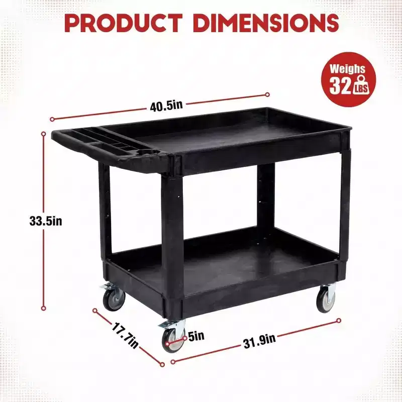 2 Tier Utility Cart with Wheels, 40 x 17 Inch Rolling Service Cart, 550LBS Plastic Tool Cart, Work Benches for Garage, Warehouse, Workshop