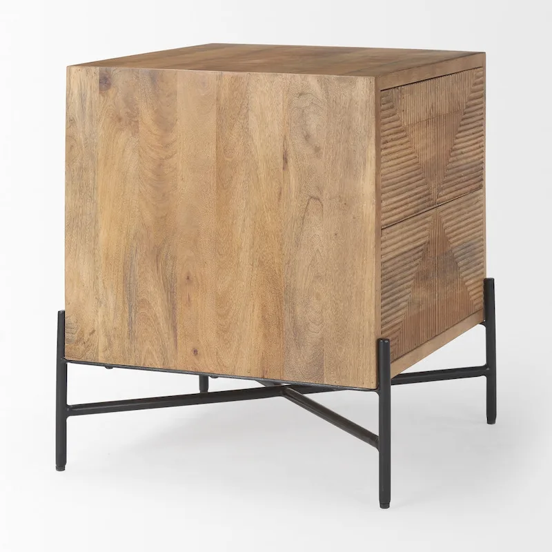 Cairo Light Brown Solid Wood w/ Black Iron Frame & 2 Drawer Accent Table - 22L x 22W x 26H