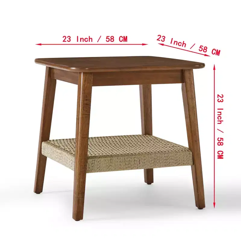 23-Inch Mid-Century Side Table with Woven Shelf, Boho Side Table with Storage, Bedside Table for Living Room, Bedroom, Patio, or Office