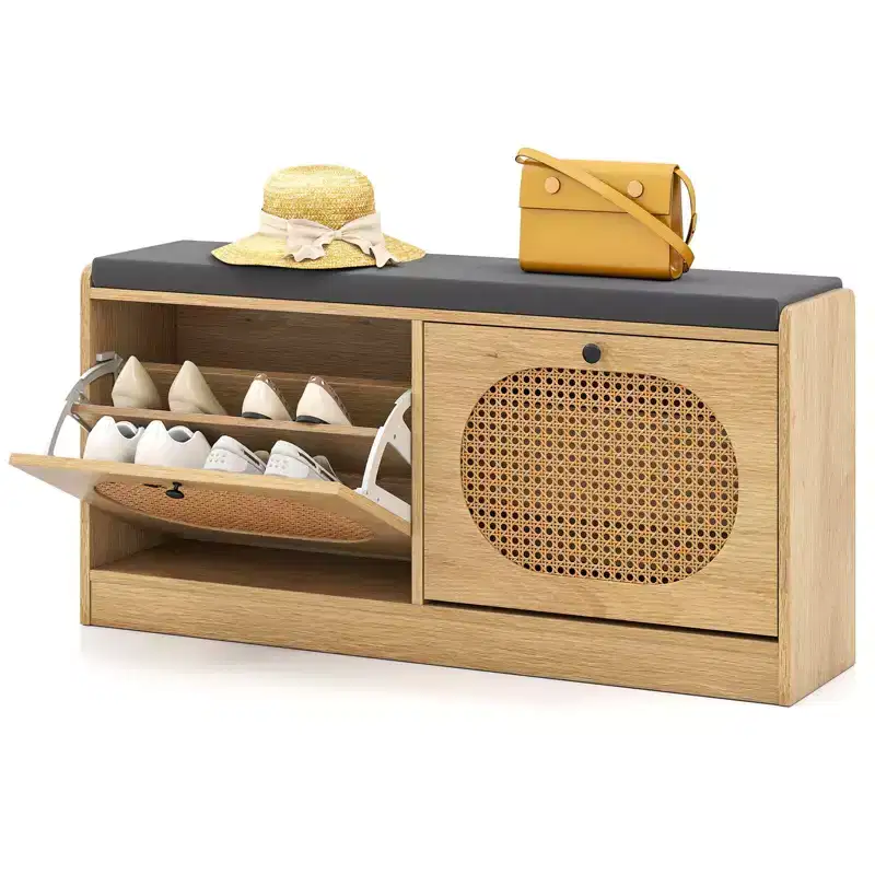 Costway Shoe Storage Bench with Cushion 2 Flip-over Doors & Adjustable Shelves