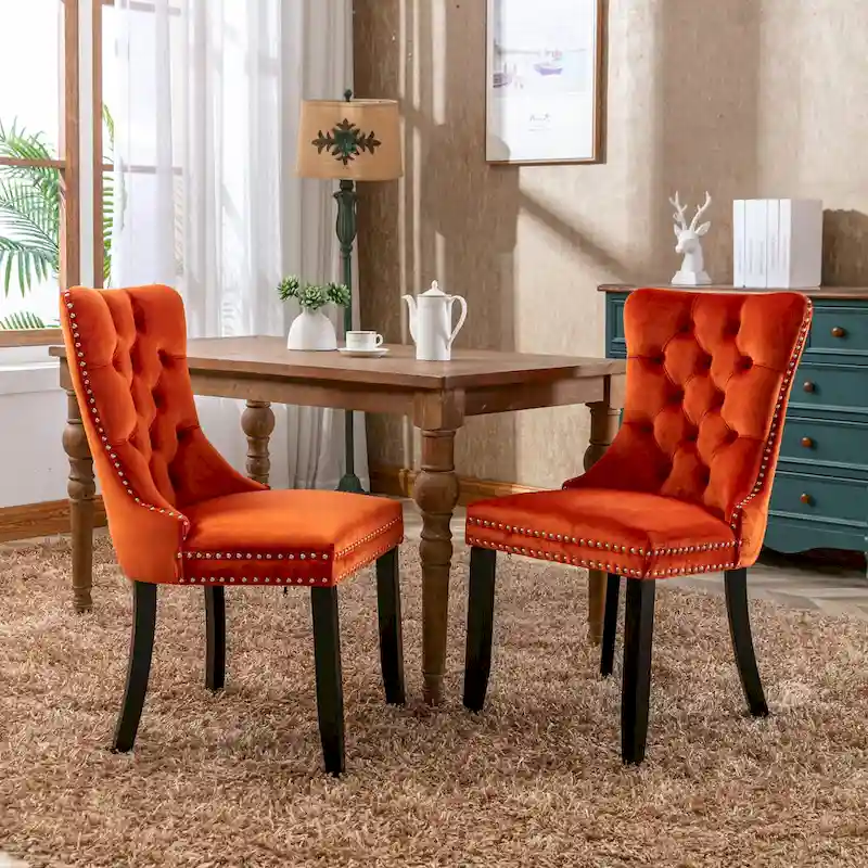 Modern Set of 2 Velvet Tufted Dining Chair with Wood Legs and Nailhead Trim
