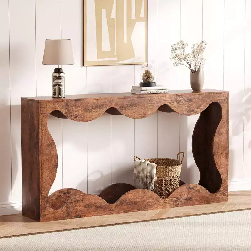63 Farmhouse Scalloped Console Table for Entryway, Narrow Wood Sofa Table Behind Couch with Storage, Rustic Furniture for Living Rooms Apartments