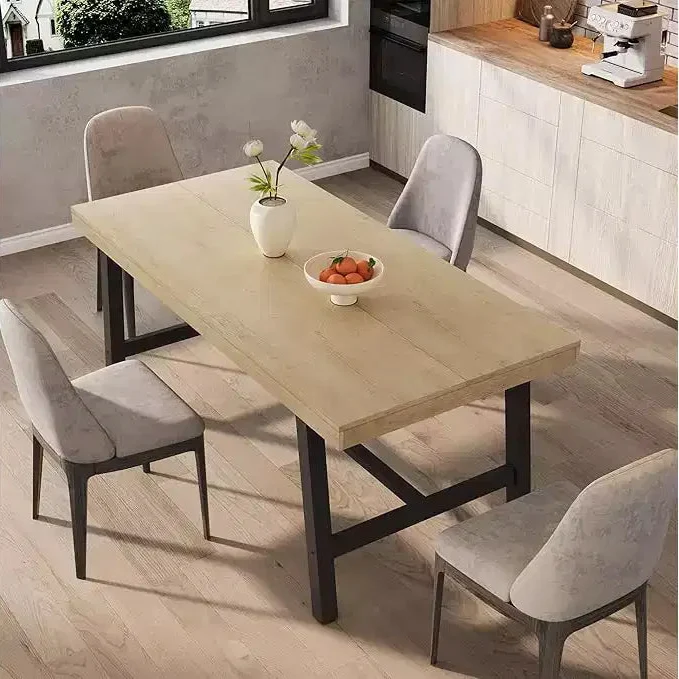 Industrial Dining Table for 6-8 People, Large Wooden Kitchen Table with Sturdy Metal Frame, Long Rectangular Dining Table Seats 6