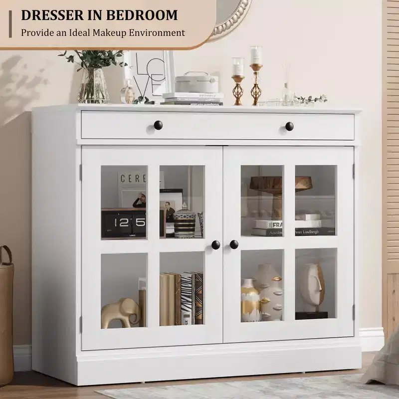Melamine Sideboard Buffet Cabinet with Glass Door 35.4