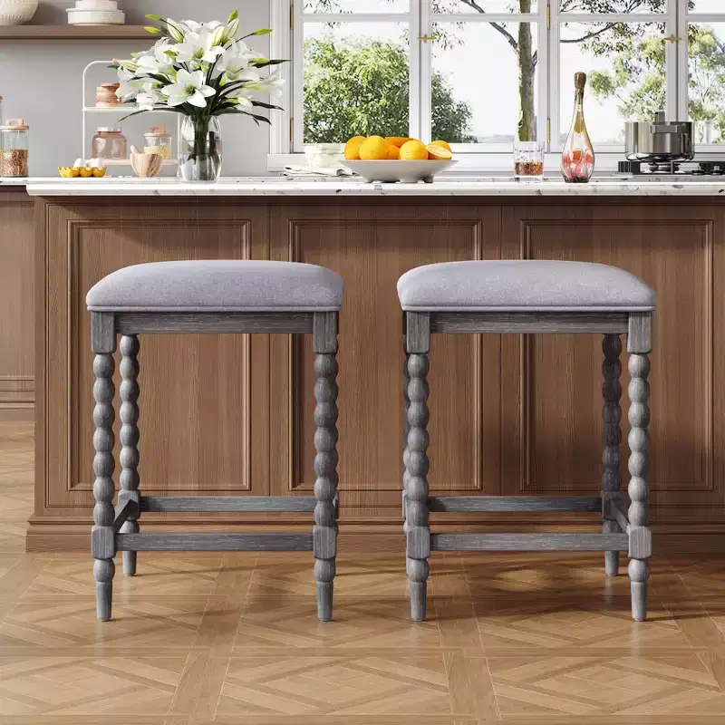 Okak Set of 2 Acacia Wood Upholstered Counter Stools for Dining Rooms,Kitchen Island Accent Stools with Foam-Padded Seat