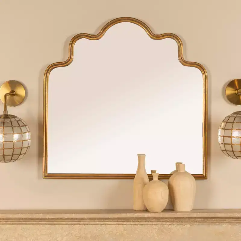 Wavy Scalloped Arched Metal Framed Wall Mirror, Gold