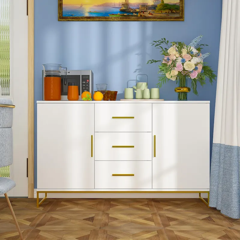 Modern Industrial Sideboard Buffet Storage Cabinet with Drawers, Distressed White