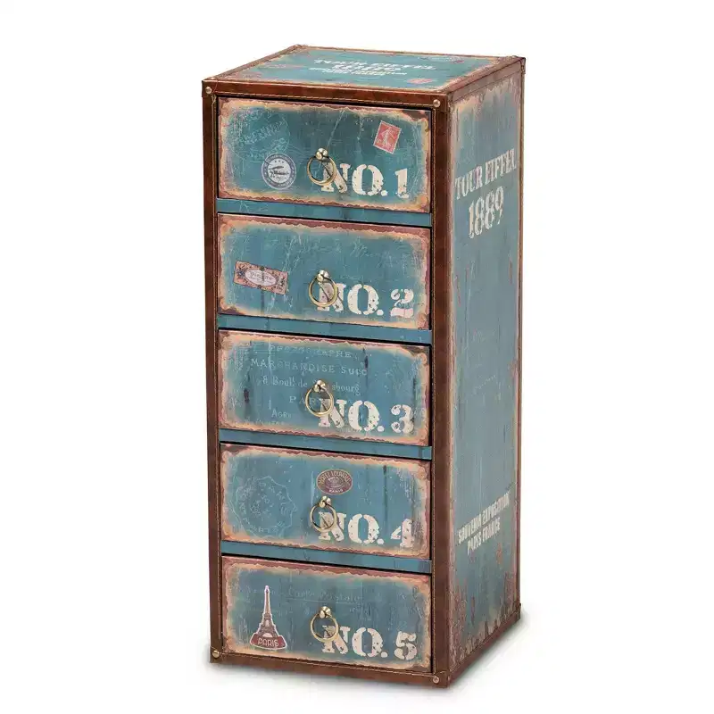 5 Drawer Alba Wood Accent Storage Chest Blue - Baxton Studio: Parisian Vintage, Brass Ring Pulls, MDF